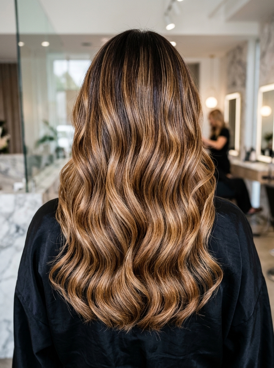 Rich multi-dimensional hair colour and caramel balayage
